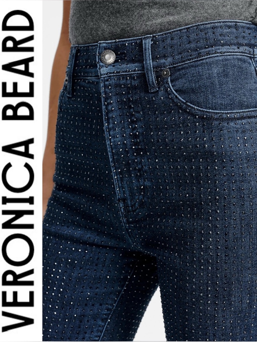$498 Veronica Beard Beverly high rise flare jeans allover rhinestones sz 29, 8